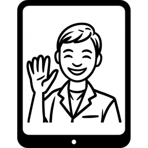 Online faculty icon image of person raising hand zoomed in