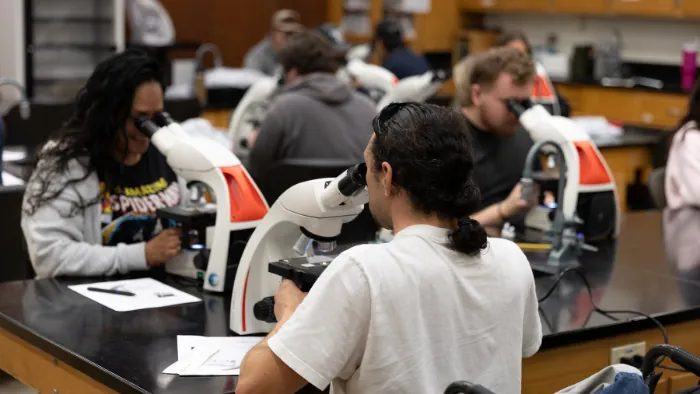 Butte College Ag science students look through a microscope