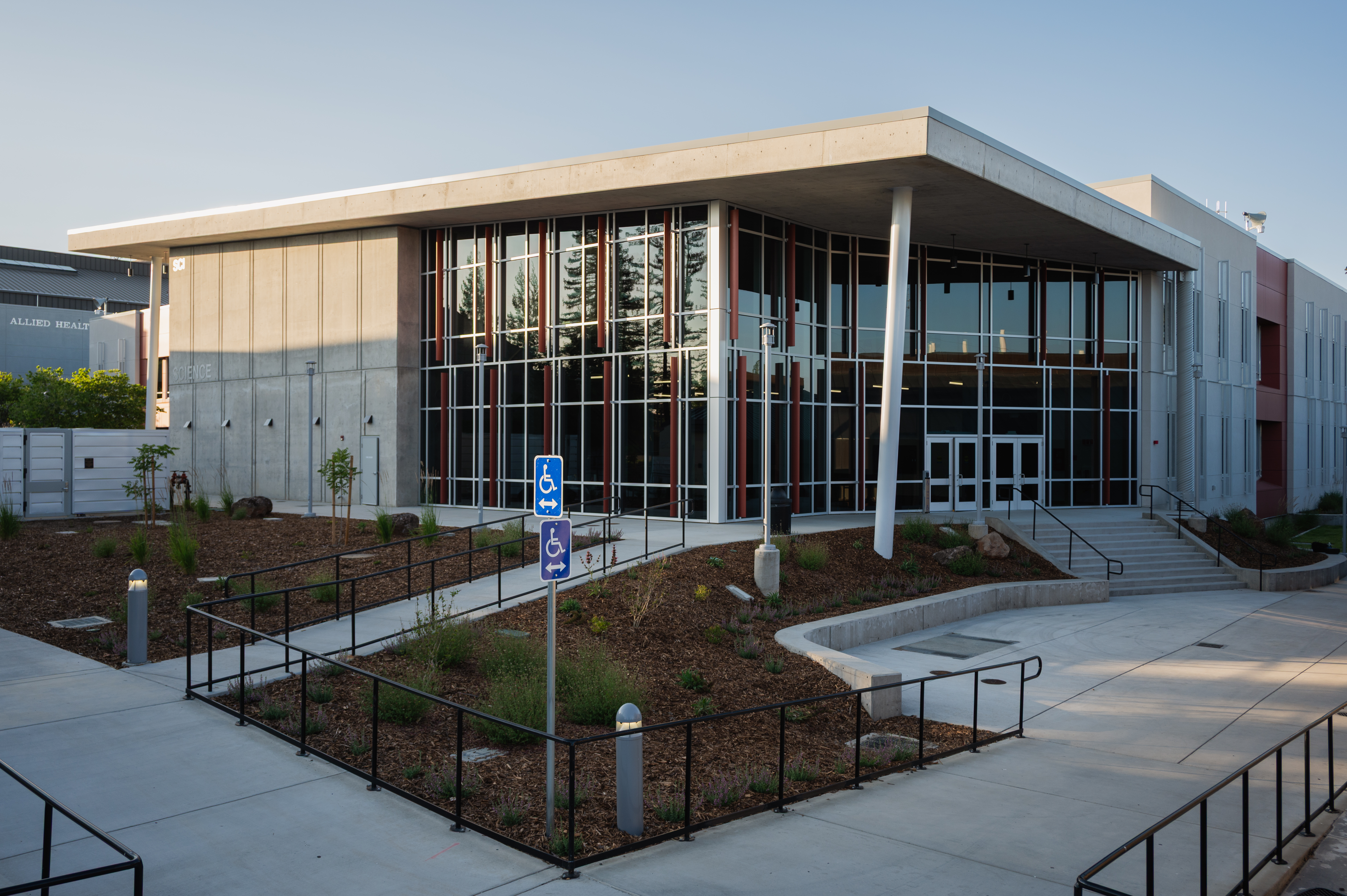 The exterior of the science building showing some of the energy saving measures.