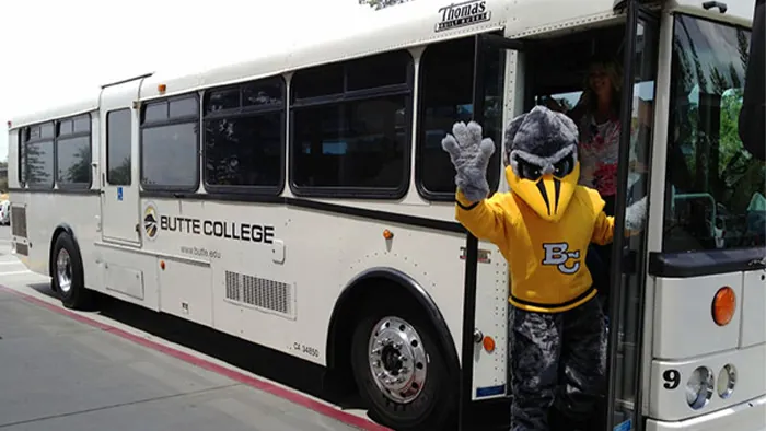 Dash Mascot boards Butte College Bus