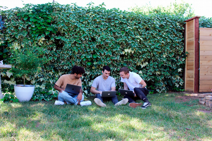 students-gather-on-lawn-to-study-on-laptops