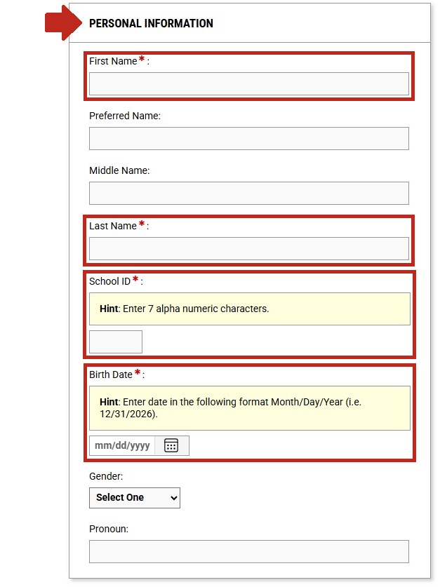 Arrow pointing to Personal Information section with First Name, Last Name, School ID, and Birth Date subsections highlighted.
