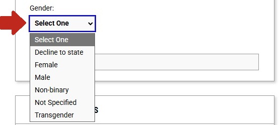Arrow pointing to Gender drop-down menu under the Personal Information section.