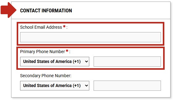 Arrow pointing to Contact Information section with School Email Address and Primary Phone Number textboxes highlighted. Secondary Phone Number textbox located below Primary Phone Number textbox.