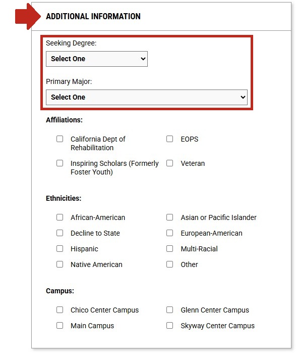 Arrow pointing to Additional Information section with Seeking Degree drop-down menu and Primary Major drop-down menu highlighted.