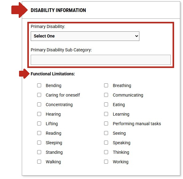 Arrow pointing to Disability Information section with Primary Disability drop-down menu, and Primary Disability sub-category textbox highlighted and another arrow pointing to the Functional Limitations section.