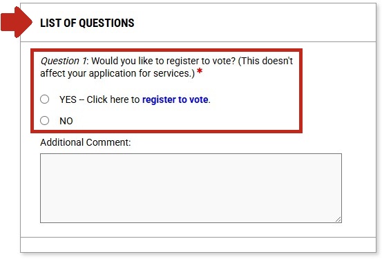 Arrow pointing to List of Questions section and Question 1 highlighted as well as the Yes option and the No option highlighted.