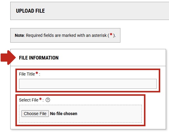 Arrow pointing to File Information section with the File Title textbox and Choose File button highlighted.