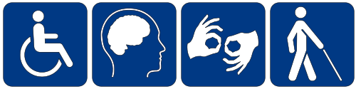 Disability icons showing wheelchair, brain, signing hands, and walking cane