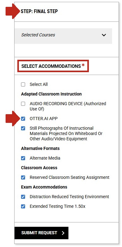 Arrow pointing to Step: Final Step with subsection Select Accommodations highlighted and another arrow pointing to an accommodation option.