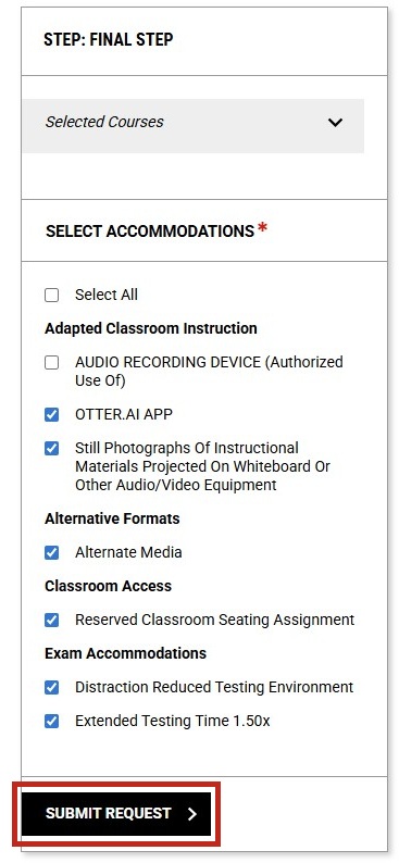 Submit request button highlighted located under the select accommodation subsection.
