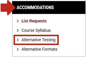 Arrow pointing to accommodations box and alternative testing option highlighted