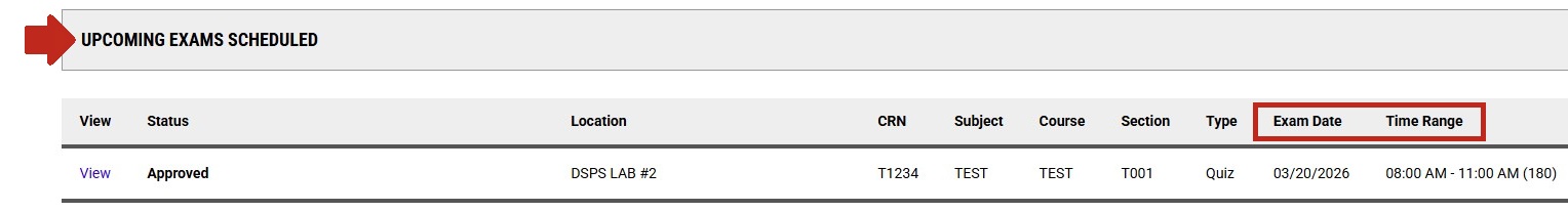 Arrow pointing to upcoming exams scheduled with exam date and time range scheduled highlighted
