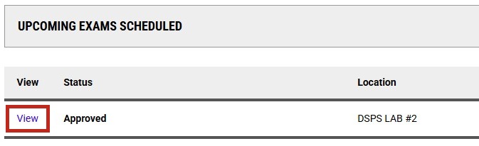 Upcoming exams scheduled with view button highlighted next to exam request option