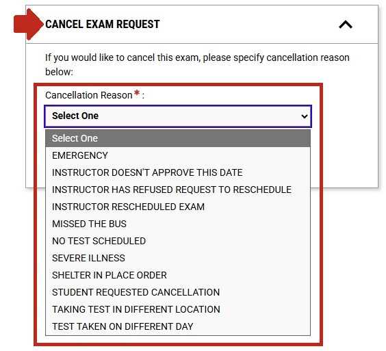 Arrow pointing to cancel exam request section with the cancellation reason drop-down menu highlighted