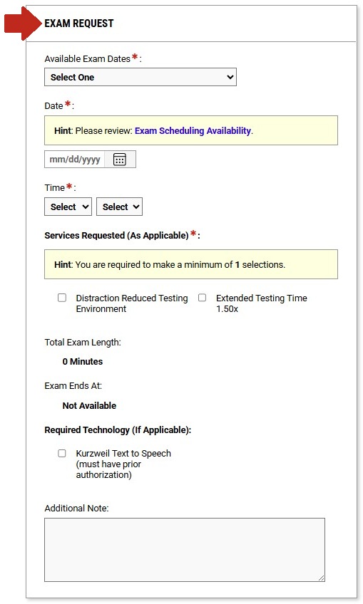 Arrow pointing to exam request menu