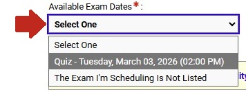 Available Exam Dates drop-down menu