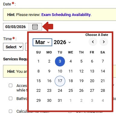 Calendar icon highlighted with a large selectable calendar open