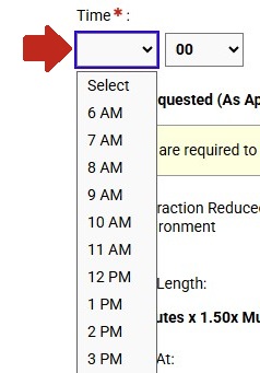 Exam time hour drop-down menu open with hour options listed, the minute drop-down menu is to the right of it