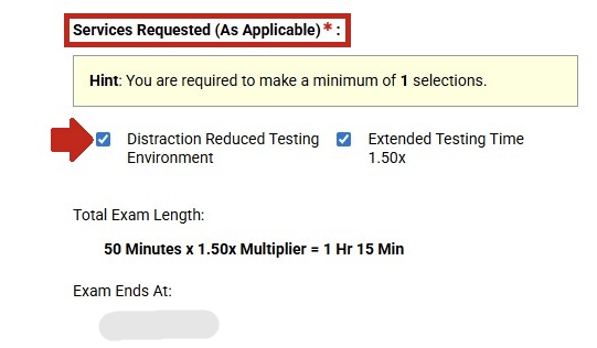 Services requested title highlighted, with an arrow pointing to an accommodation selection option