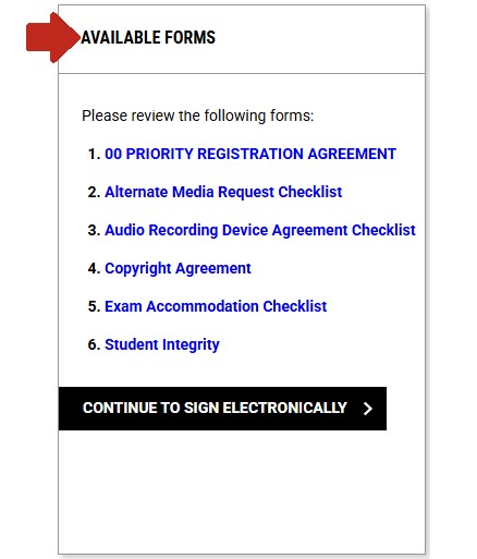 Arrow pointing to available forms alert title with a list of eforms to be reviewed and signed