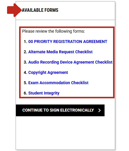 Arrow pointing to available forms alert title with eform agreement links highlighted
