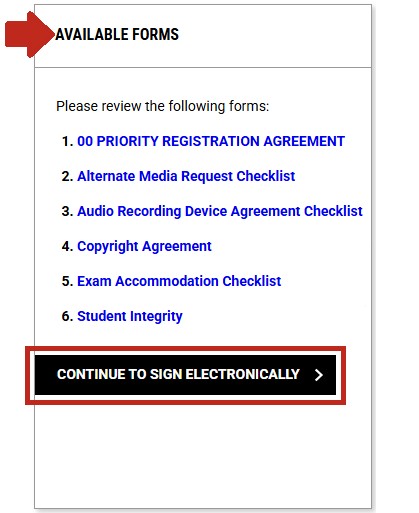 Arrow pointing to available forms alert title with continue to sign electronically button highlighted