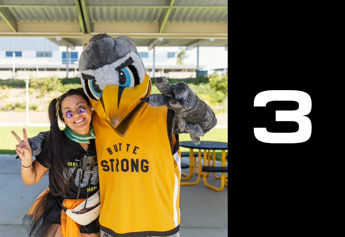 Apply Now Step 3: Butte College Student poses with Dash Mascot