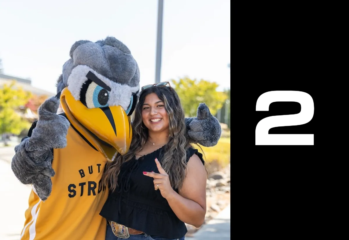 Apply Now Step 2: Butte College Student poses with Dash Mascot