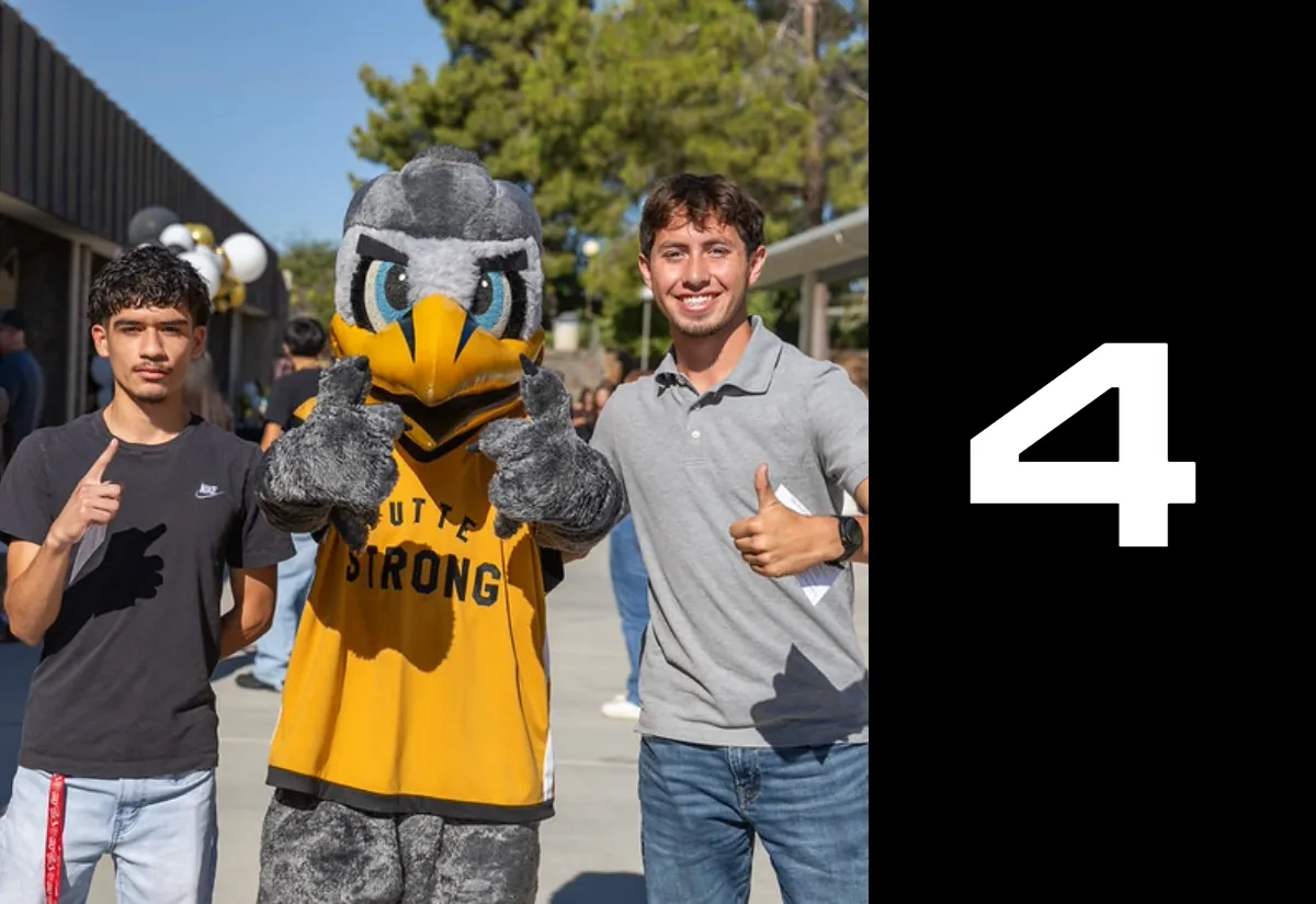 Apply Now Step 4: Butte College Students pose with Dash Mascot